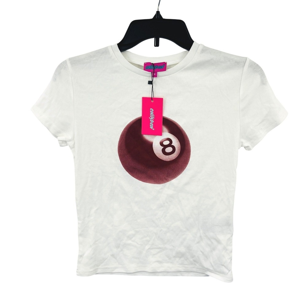 Edikted 8 Ball Graphic Baby Tee M White Short Sleeve‎ T-Shirt Retro Trendy Y2K